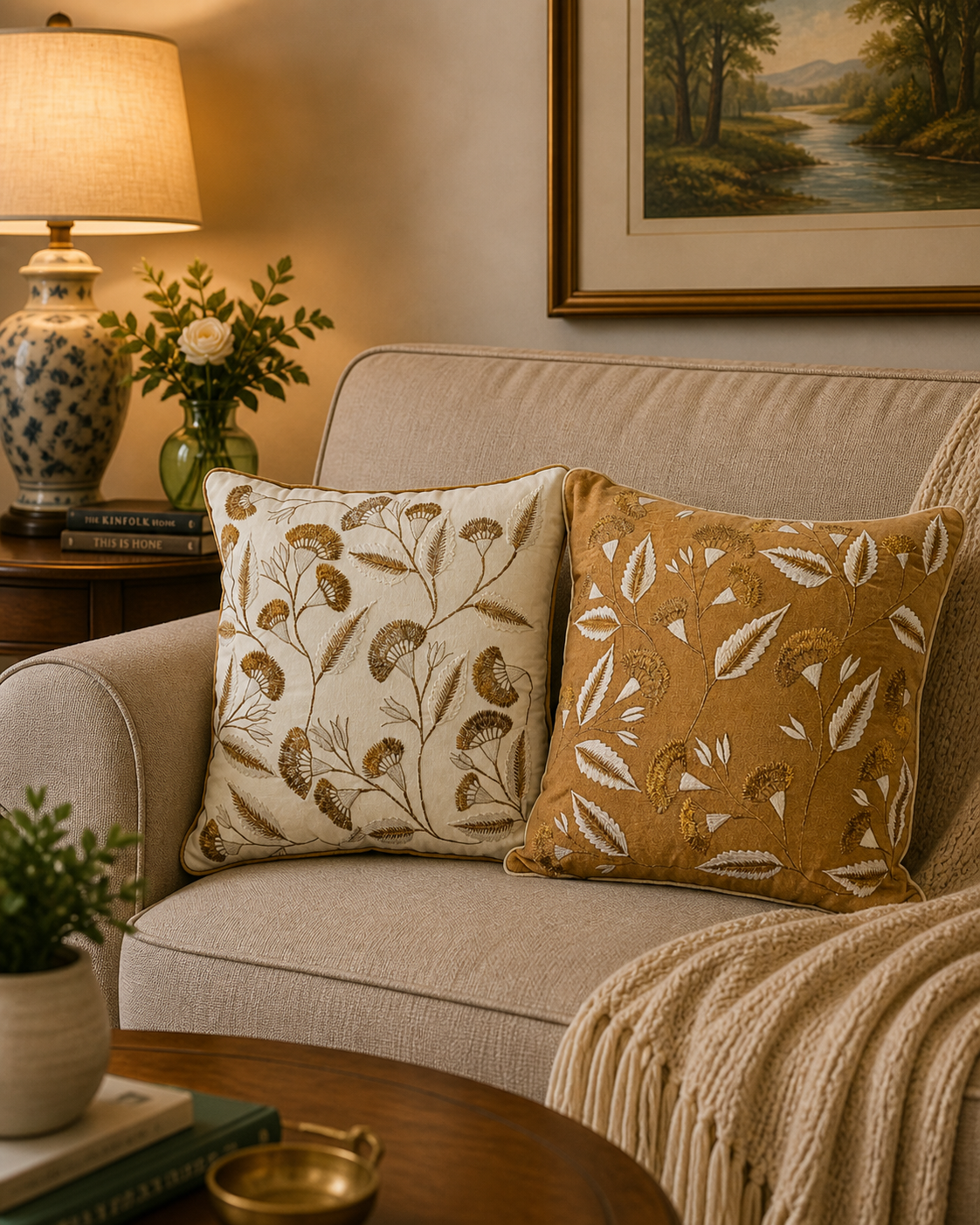 Blossoms embroidered combo of 2 cushion covers golden brown velvet and white cotton Cushion Cover | 16x16 inch cushion covers| floral embroidery | pack of 2