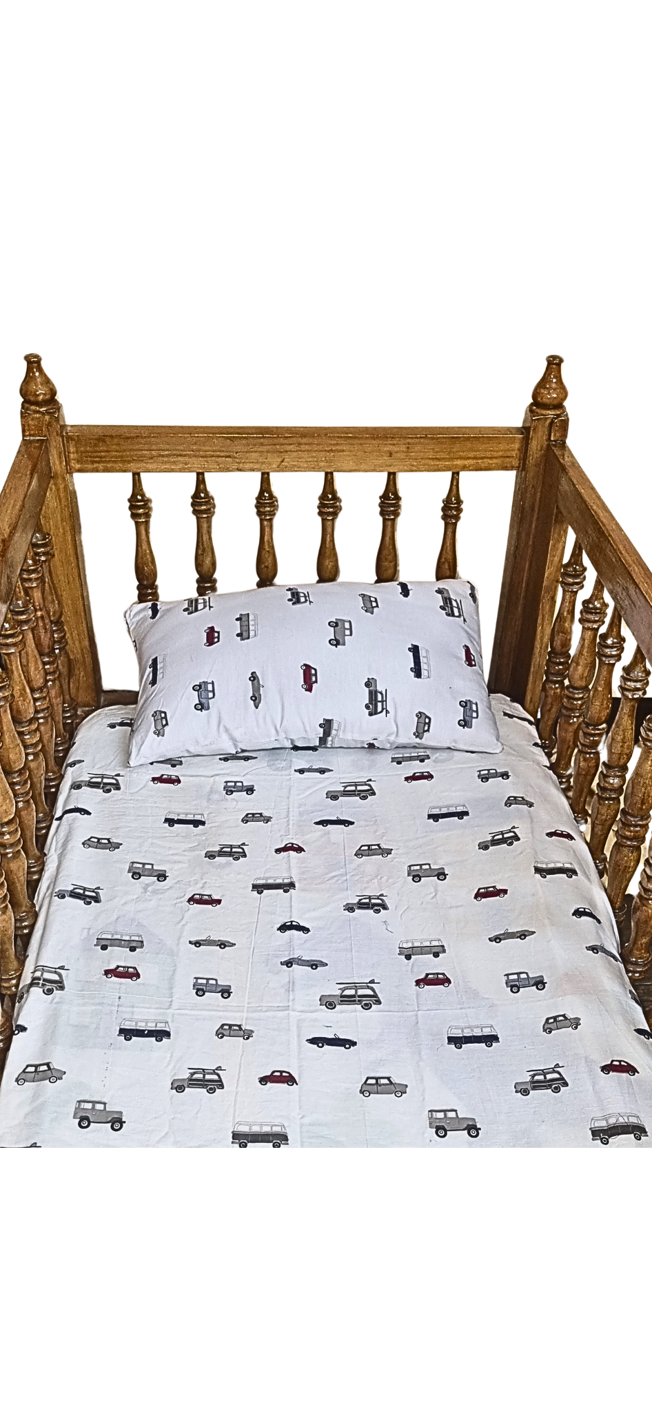 Blossoms pure cotton kids bedding set with car print. 1 bedsheet (45"x60"),1 pillow with filler (12"x20") ideal upto 5 years.
