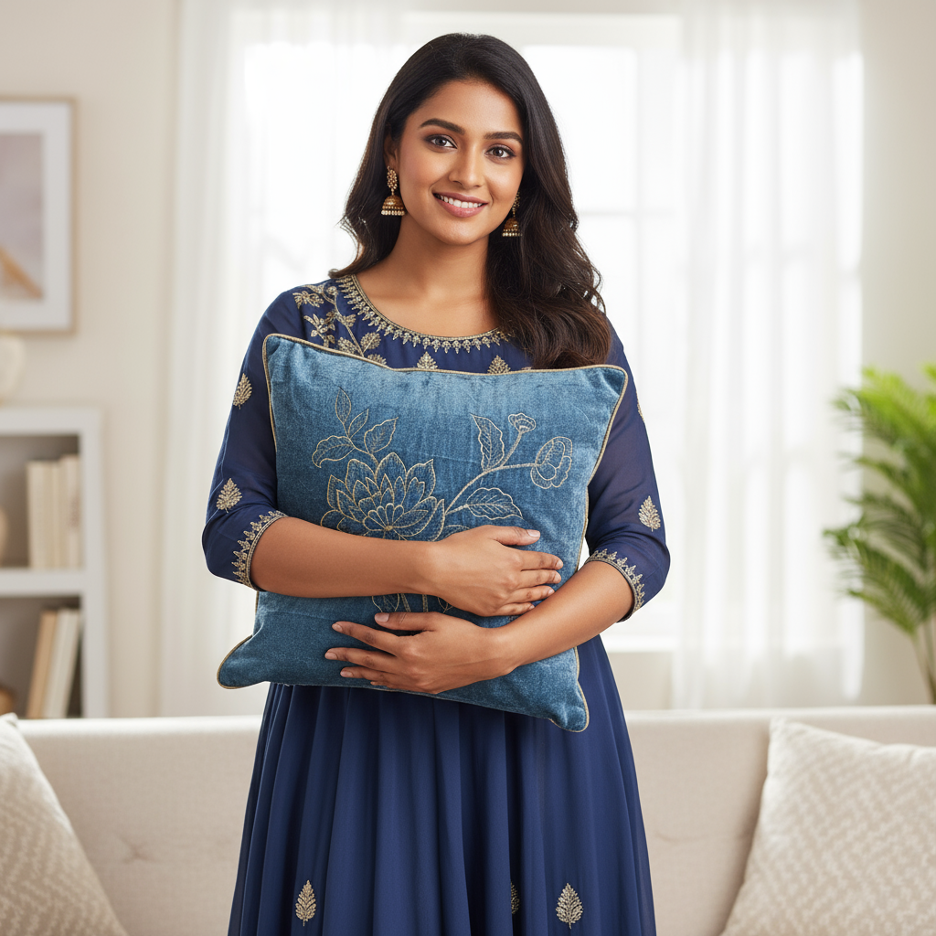 Blossoms blue colour velvet Cushion covers| 16x16 inch | super premium embroidery | pack of 1