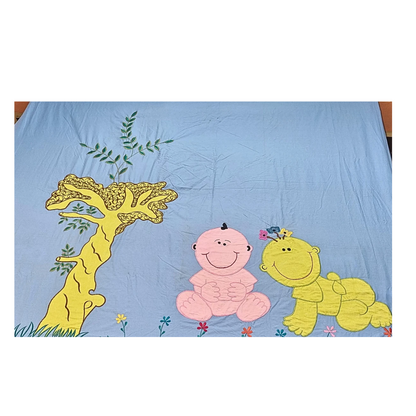 Blossoms kids sky blue pure cotton double bedsheet with cartoon character embroidered patch work with 2 pillows . Set of 3