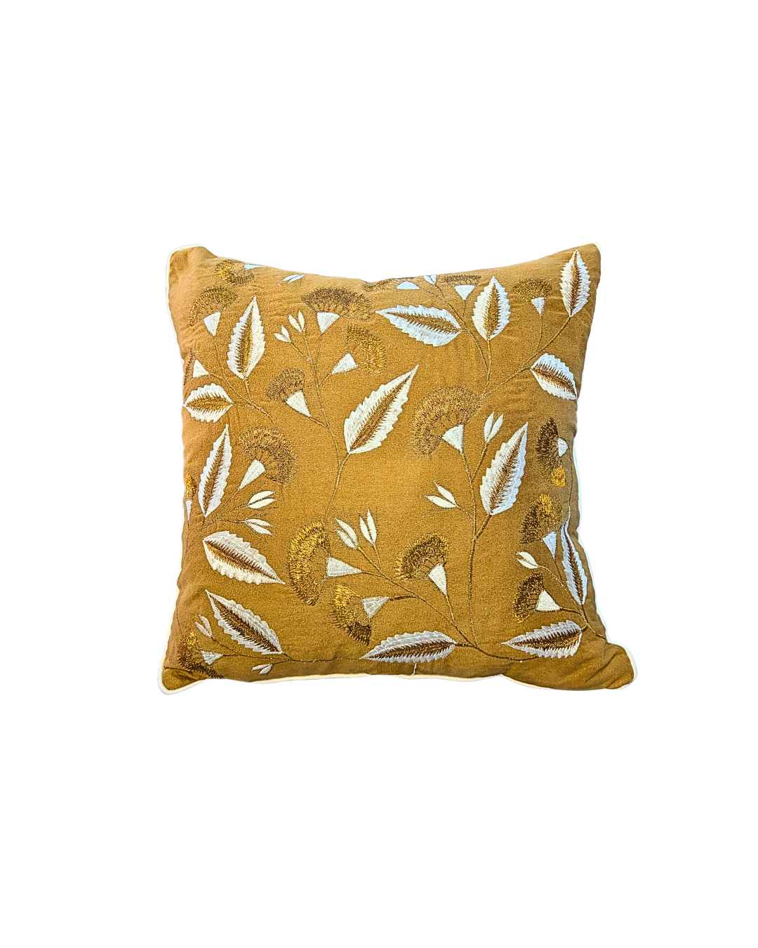 Blossoms embroidered golden brown velvet Cushion Cover | 16x16 inch cushion covers| floral embroidery | pack of 1