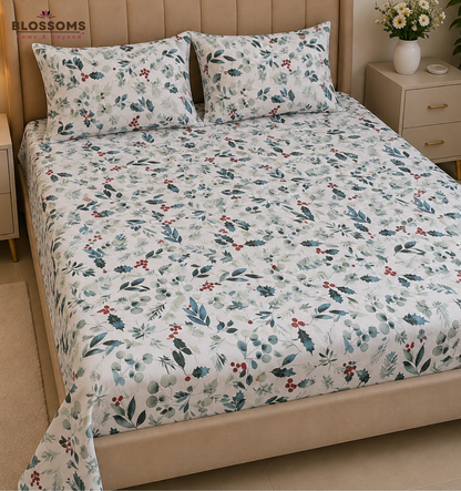 Blossoms Printed pure cotton bedsheet with 2 pillow cases .