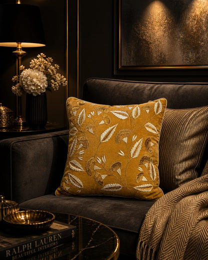 Blossoms embroidered golden brown velvet Cushion Cover | 16x16 inch cushion covers| floral embroidery | pack of 1
