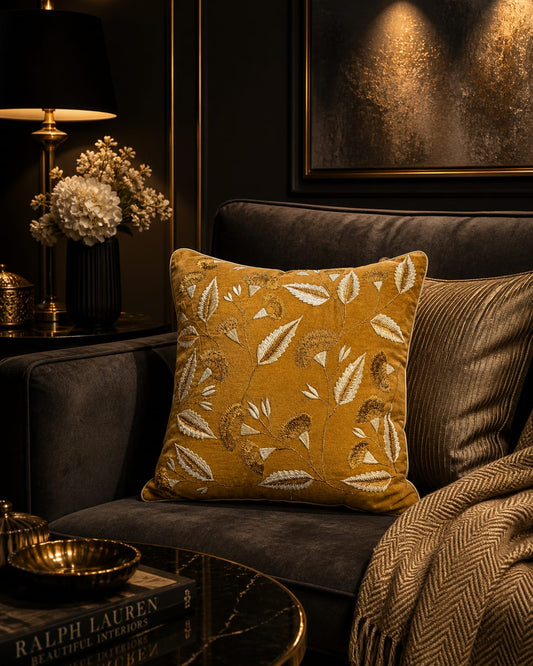 Blossoms embroidered golden brown velvet Cushion Cover | 16x16 inch cushion covers| floral embroidery | pack of 1