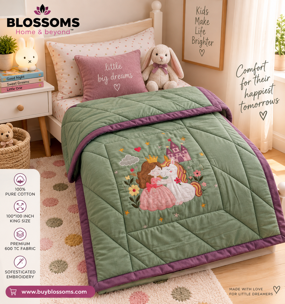 Blossoms kids embroidered patchwork quilt .