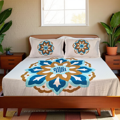 Blossoms aari plutch work floral whole Embroidered bedsheet with 2 embroidered pillow covers  . Pure cotton -off white fabric.