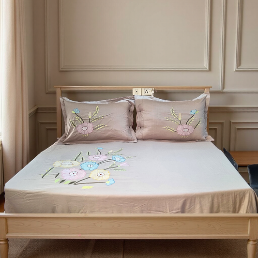 Blossoms embroidered beige grey double bed bedcover with floral embroidery on side with embroidered pillow covers . 100 inch size with pure cotton fabric.