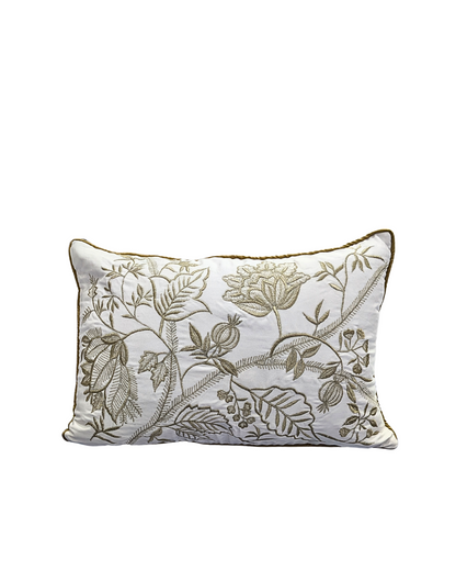 Blossoms off white colour cotton fabric Cushion cover embroidery | 12x18 inch | super premium zari embroidery | pack of 1