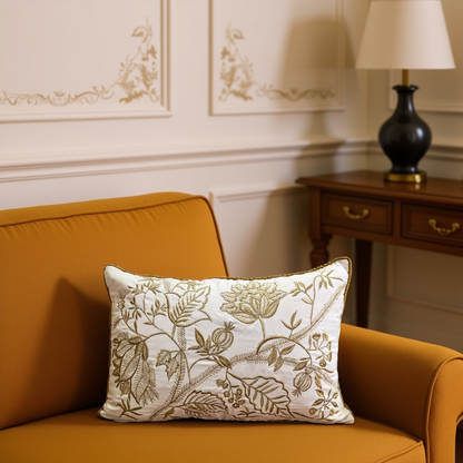 Blossoms off white colour cotton fabric Cushion cover embroidery | 12x18 inch | super premium zari embroidery | pack of 1