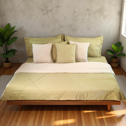 Blossoms 9 pc green and cream bedding set with soft and durable micro cotton fabric . Includes 1 comforter(reversible) ,1 dohar reversible, 1 bedsheet , 2 pillows and 4 cushion covers only .