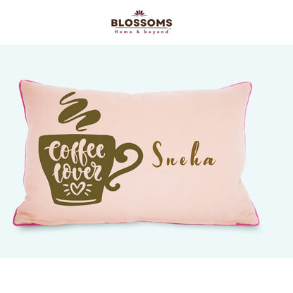"Coffee" theme embroidered personalised cushion.Best for gifting.Name can be changed