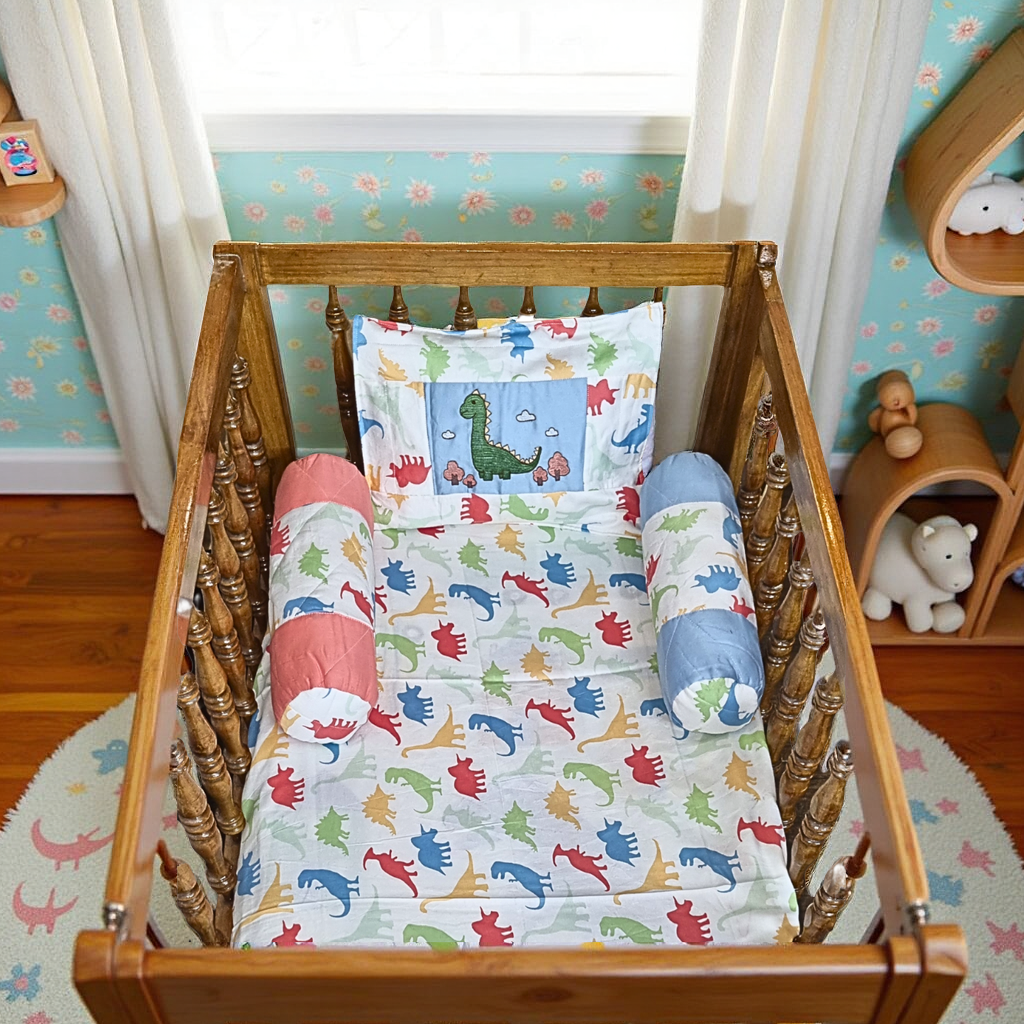 Blossoms Kids bedding set 1 bedsheet (36"x50") 1 pillow (12"x15") with filler with dinosaurs embroidered and 2 bolster(15"x15") with cover, 1 bichoni -(25"x35"), 1 quilt (30"x40") upto 3 years)