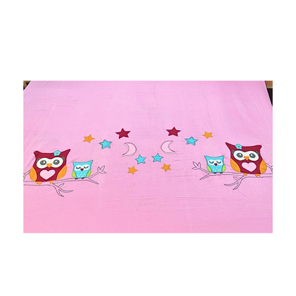 Blossoms kids pink pure cotton bedsheet with owl cartoon character embroided patch work with 2 pillows . Set of 3