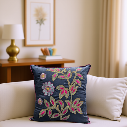 Blossoms blue colour cotton fabric Cushion covers| 16x16 inch | super premium embroidery | pack of 1