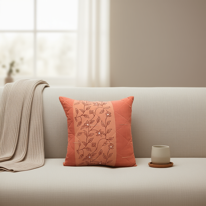 Blossoms embroidered Rust cotton Cushion Cover | 14*14 inch cushion covers| floral embroidery | pack of 1