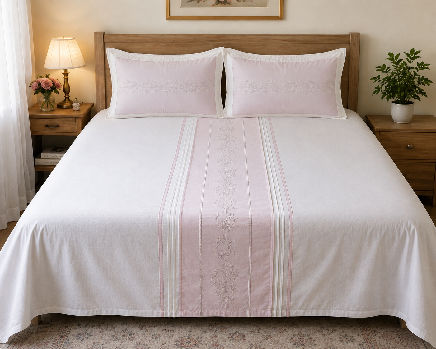 Blossoms embroidered designer bedsheet with 2 pillows (baby pink)
