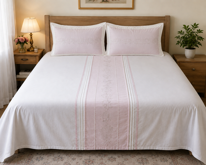 Blossoms embroidered designer bedsheet with 2 pillows (baby pink)