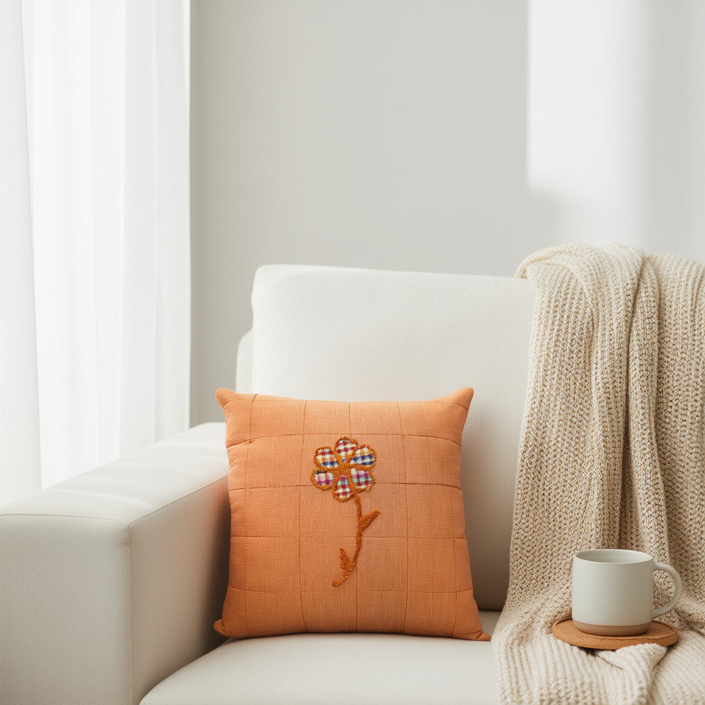 Blossoms embroidered rust cotton Cushion Cover | 14*14inch cushion covers| floral plutch work embroidery | pack of 1