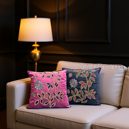 Blossoms highlighter magenta & Blue cotton  fabric Cushion cover embroidery | 16x16 inch | super premium zari embroidery | |pattern cushion covers | pack of 2