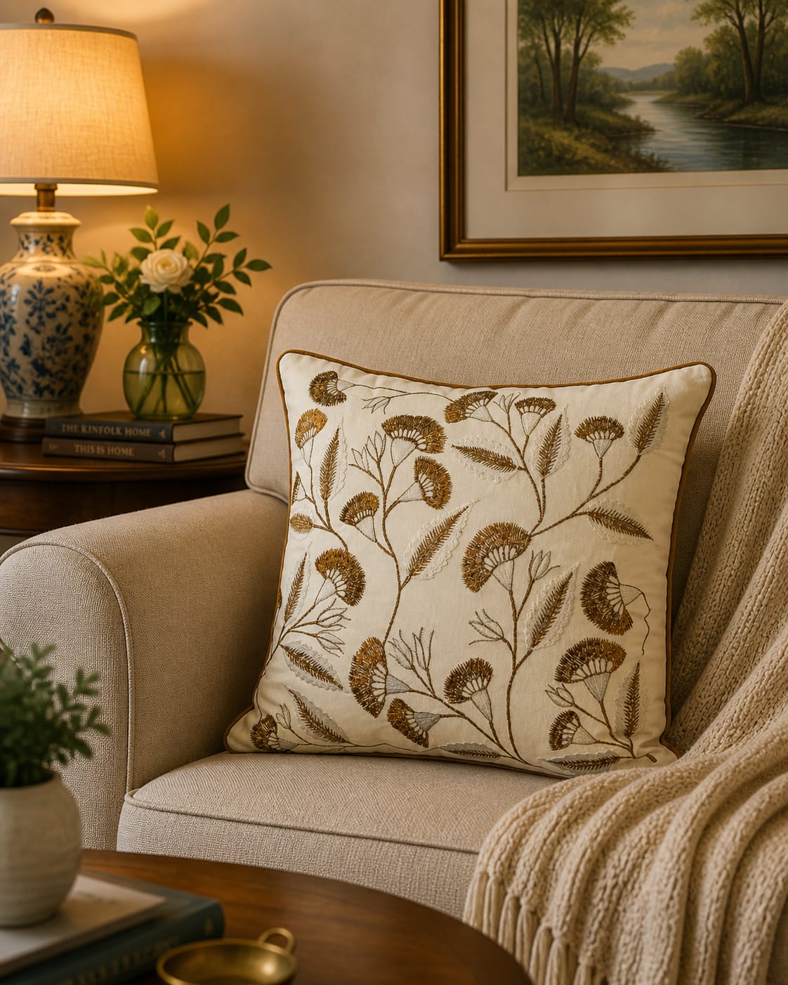 Blossoms embroidered white Cushion Cover | 16x16 inch cushion covers| floral embroidery | pack of 1