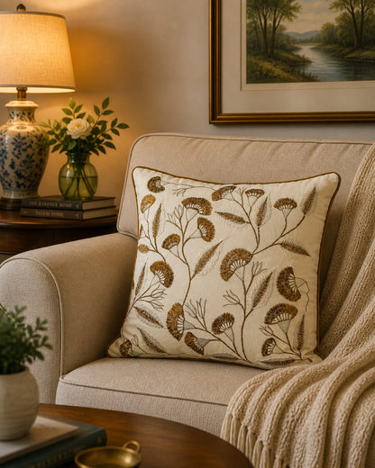 Blossoms embroidered white Cushion Cover | 16x16 inch cushion covers| floral embroidery | pack of 1
