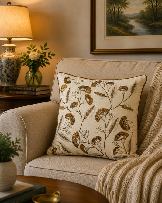 Blossoms embroidered white Cushion Cover | 16x16 inch cushion covers| floral embroidery | pack of 1