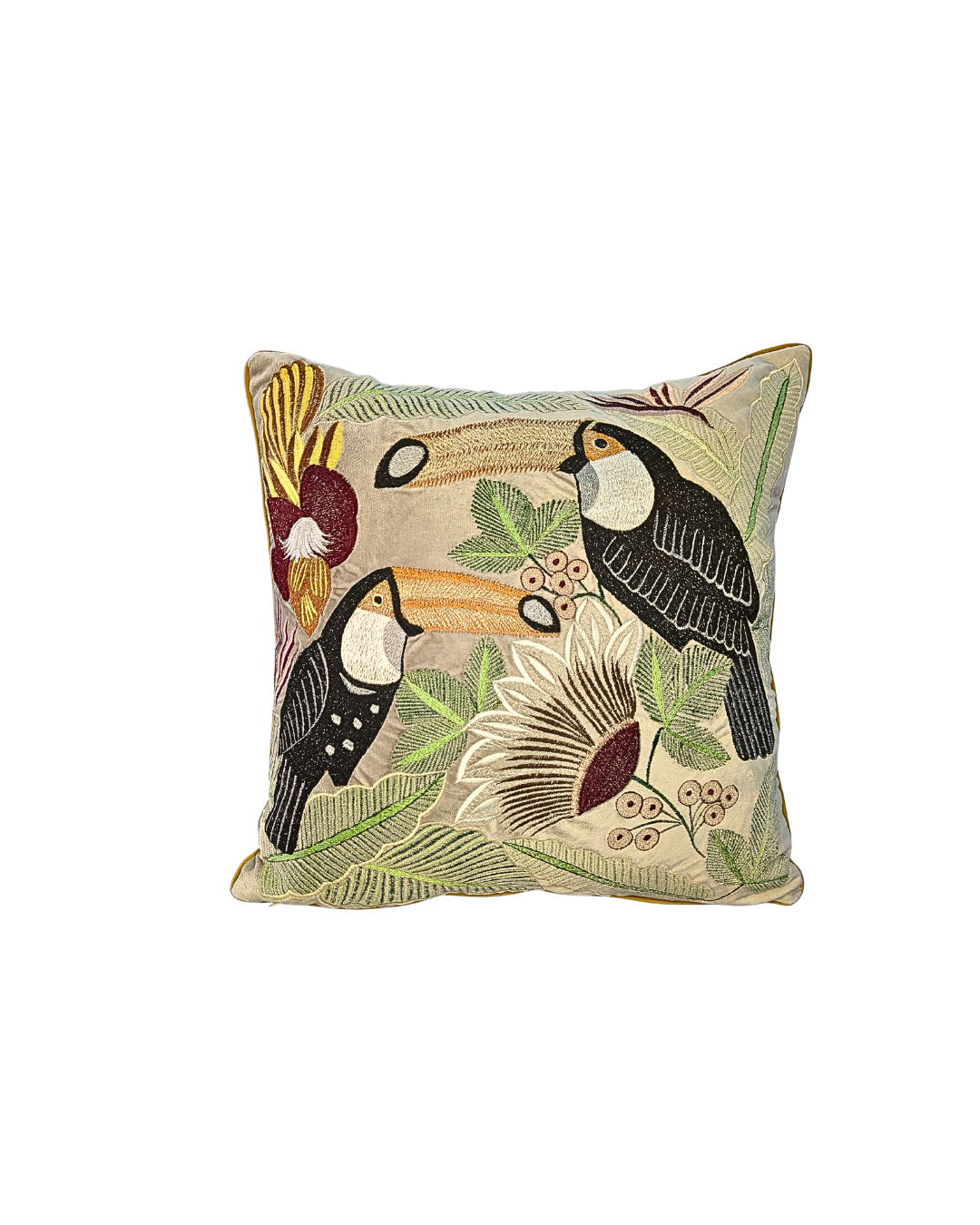 Blossoms embroidered grey velvet Cushion Cover | 16x16 inch cushion covers| Bird embroidery | pack of 1