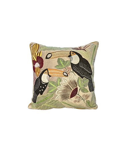 Blossoms embroidered grey velvet Cushion Cover | 16x16 inch cushion covers| Bird embroidery | pack of 1
