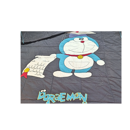 Blossoms kids grey pure cotton quited comforter(quilt) with Doraemon cartoon character embroidered patch work.