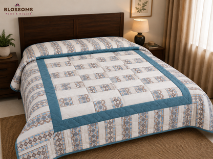 Blossoms Block patchwork quilt cum bedcover with embroidery .