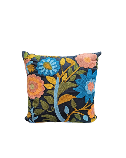 Blossoms embroidered black cotton Cushion Cover | 14*14 inch cushion covers| floral plutch work  embroidery | pack of 1