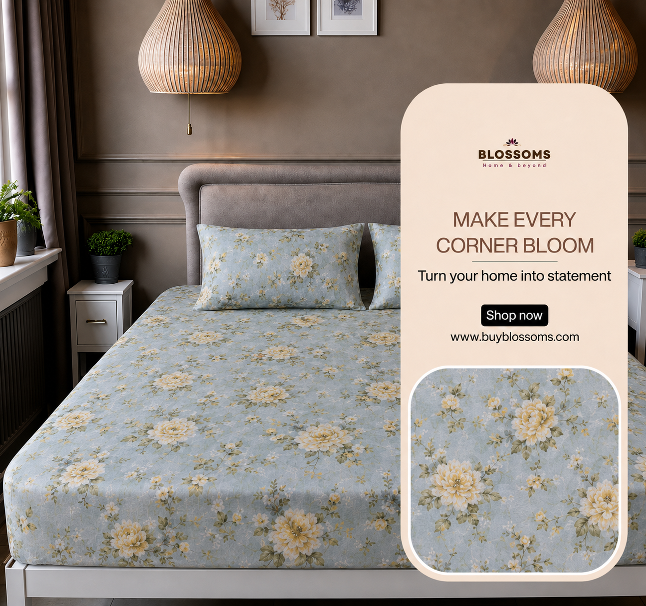 Blossoms Digital Print pure cotton bedsheet with 2 pillow cases .