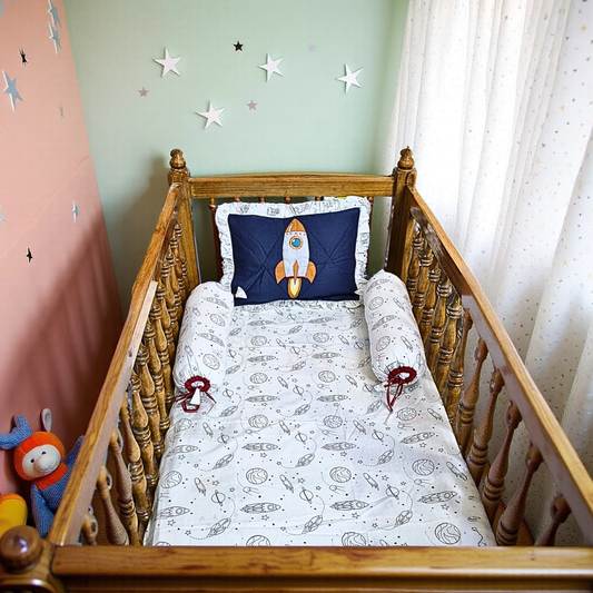 Blossoms kids bedding set of space theme .1 bedsheet (35"x45") ,1 pillow(12"x15"),2 bolster (15"x15") with case and 1 quilt embroidered ( 35"x40").