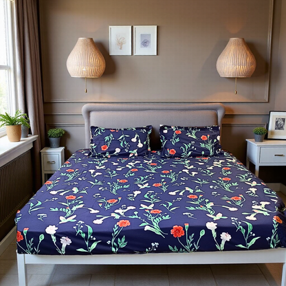 Blossoms blue Printed double bed king size bedsheet with 2 pillows.