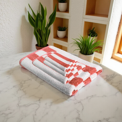 Blossoms 4 pc reddish peach & white colour Towel set . |1 PC Bath Towel | 1 PC hand Towel| | 2 pcs Face Towel| |100% pure cotton|.