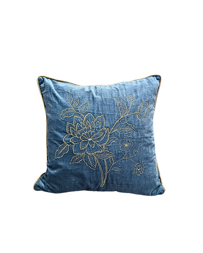 Blossoms blue colour velvet Cushion covers| 16x16 inch | super premium embroidery | pack of 1