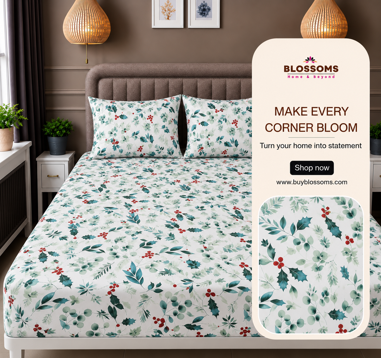 Blossoms Printed pure cotton bedsheet with 2 pillow cases .