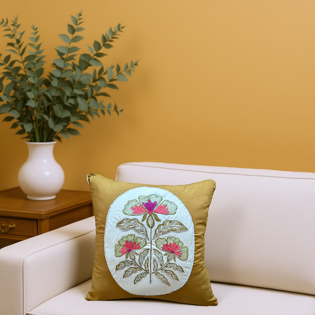 Blossoms embroidered cotton Cushion Cover | 16x16 inch cushion covers| floral embroiderety on patch | pack of 1