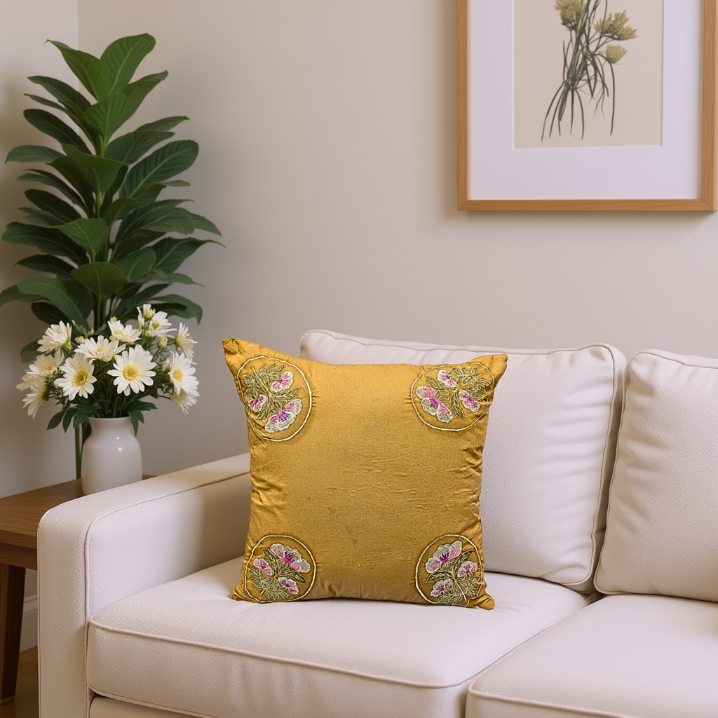Blossoms embroidered cotton golden mustard Cushion Cover | 16x16* inch | floral embroidered cushion covers | pack of 1