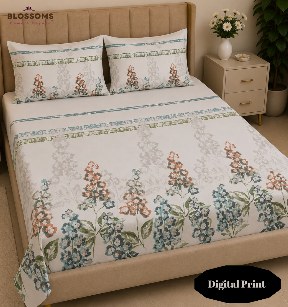Blossoms Digital Print pure cotton bedsheet with 2 pillow cases .