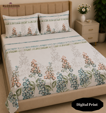 Blossoms Digital Print pure cotton bedsheet with 2 pillow cases .