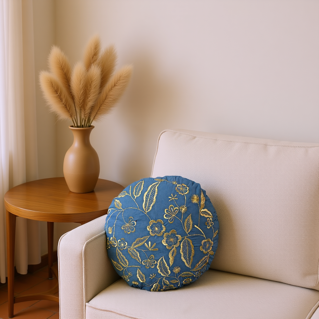 Blossoms embroidered cotton blue Cushion Cover | 16inch round cushion covers with filler | floral zari embroidered | pack of 1