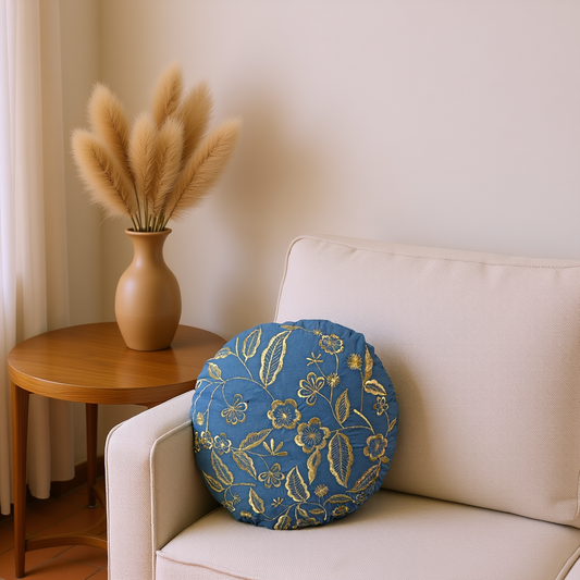 Blossoms embroidered cotton blue Cushion Cover | 16inch round cushion covers with filler | floral zari embroidered | pack of 1