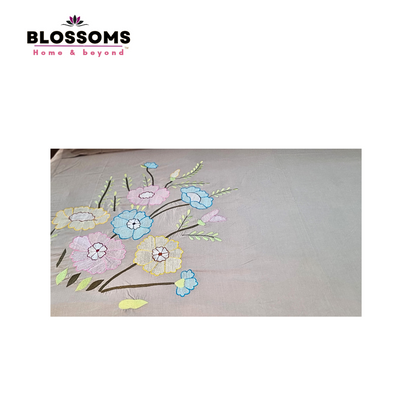 Blossoms embroidered beige grey double bed bedcover with floral embroidery on side with embroidered pillow covers . 100 inch size with pure cotton fabric.