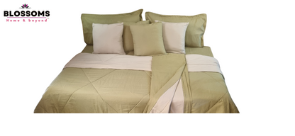 Blossoms 9 pc green and cream bedding set with soft and durable micro cotton fabric . Includes 1 comforter(reversible) ,1 dohar reversible, 1 bedsheet , 2 pillows and 4 cushion covers only .