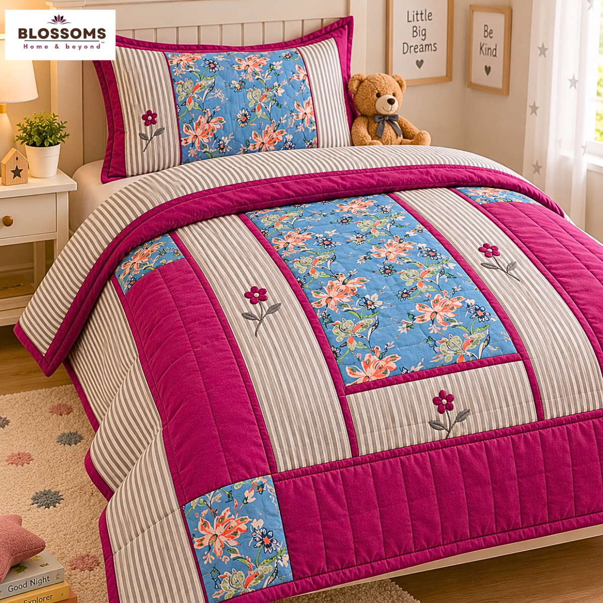 Blossoms Premium patchwork quilt cum bedcover with 2 pillow covers