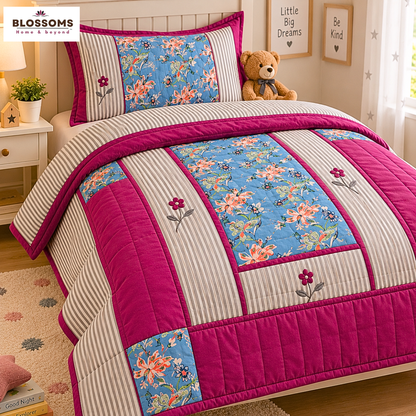 Blossoms Premium patchwork quilt cum bedcover with 2 pillow covers