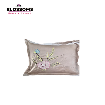 Blossoms embroidered beige grey double bed bedcover with floral embroidery on side with embroidered pillow covers . 100 inch size with pure cotton fabric.