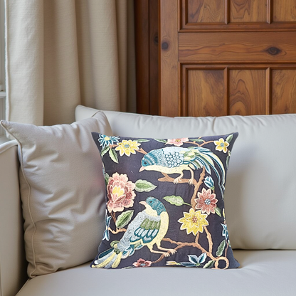 Blossoms Designer  bird and floral embroidered cushion cover with blue fabric . Pack of 1 .

Size 16x16 inch 

No filler included

Qty - 1 unit

Fabric - cotton