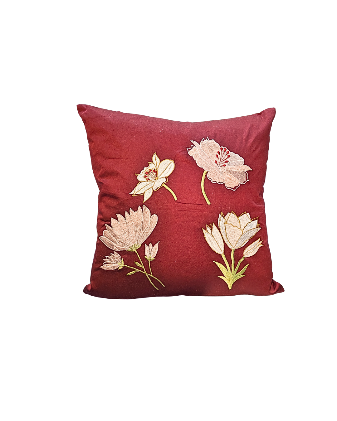 Blossoms embroidered Mehroon cotton silk Cushion Cover | 16x16 inch cushion covers| floral embroidery | pack of 1